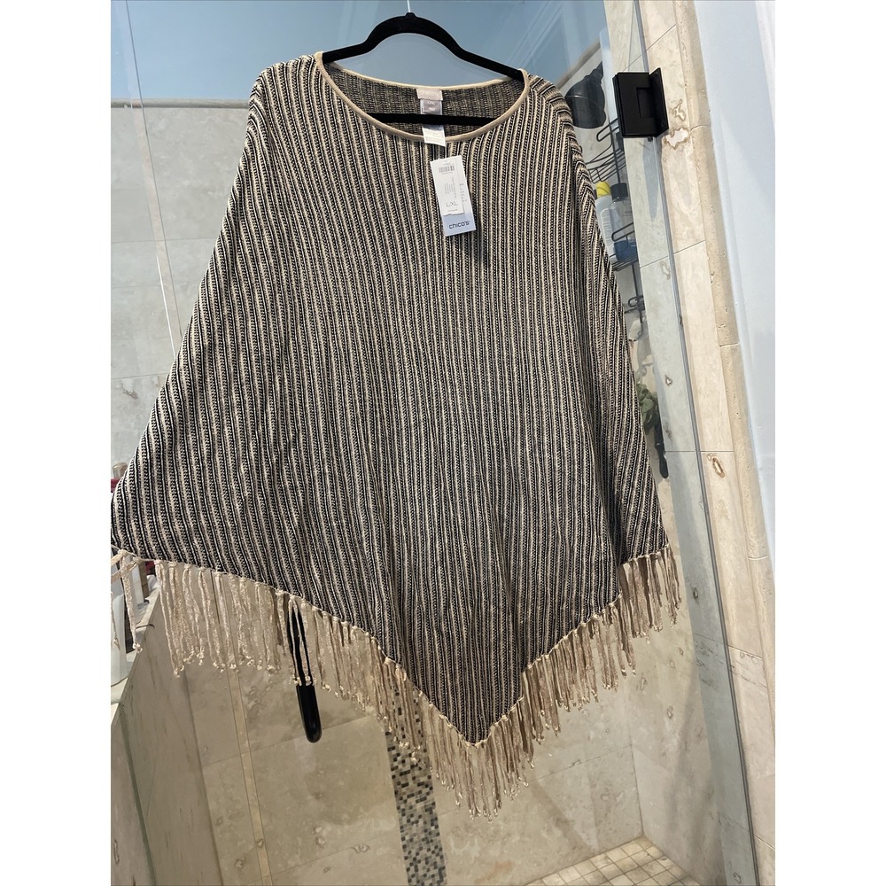 Chicos Knit Poncho Sweater Black Gold  Stripe Fringe L/ XL NEW